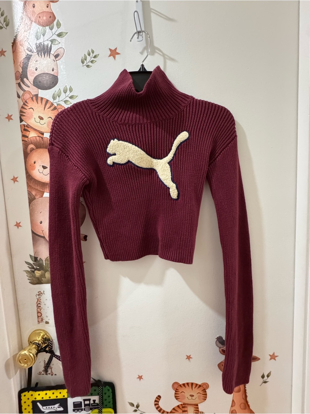Puma Wine Red Ribbed Cropped Turtleneck Sweater
